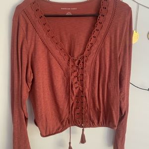 American Eagle Lace Up Cropped Long Sleeve Top  L